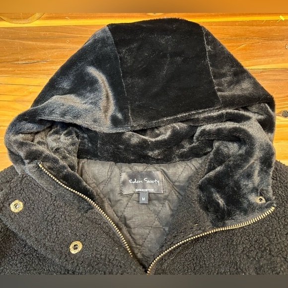 NEW Eden Society Sherpa Black Coat, Faux Fur Sleeves & Hood, Zipper, Pockets, M - Picture 13 of 16
